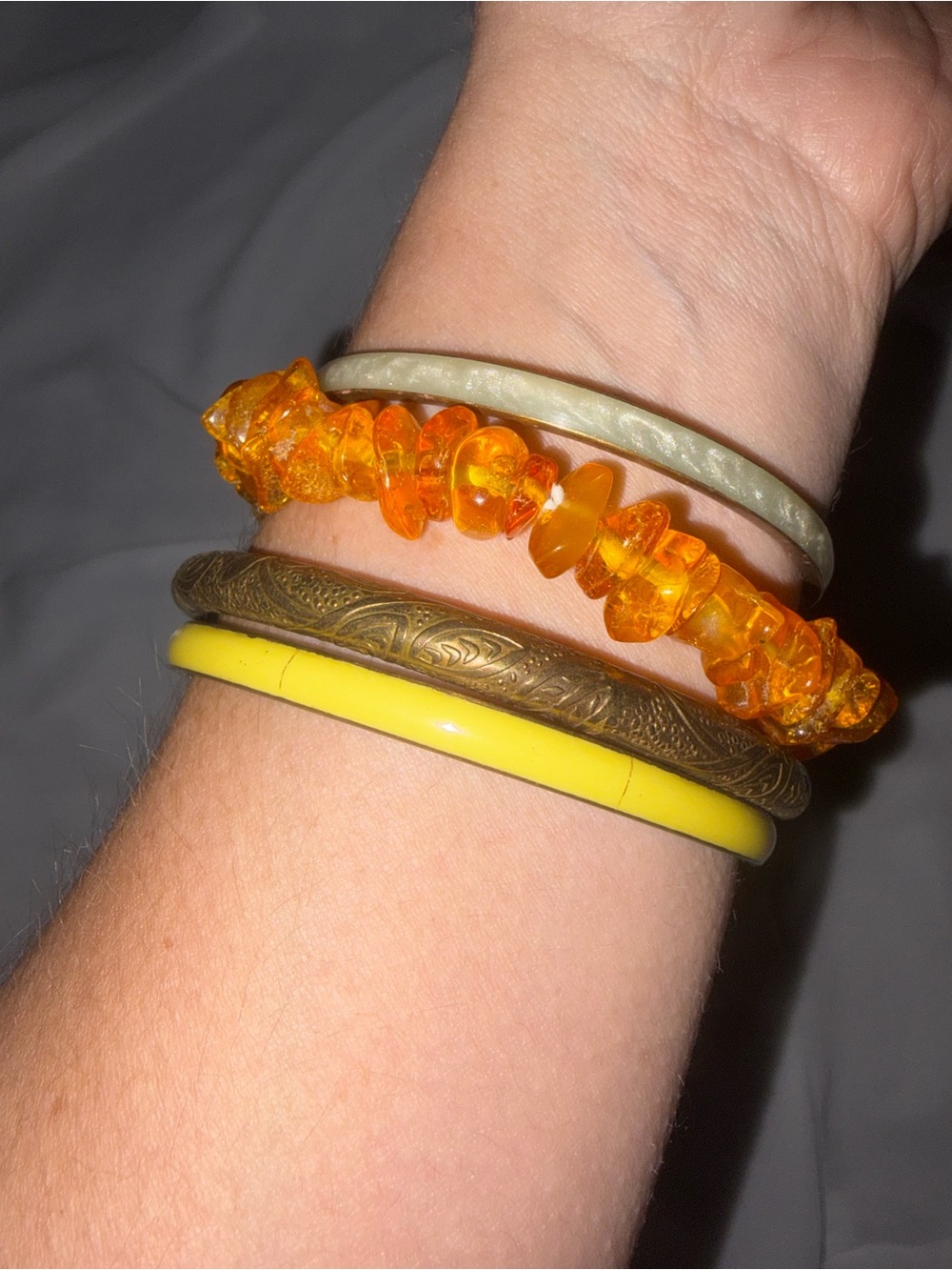 Mixed Bangle Bracelet Lot of 4 Amber Orange Chips Yellow Enamel Boho Stack